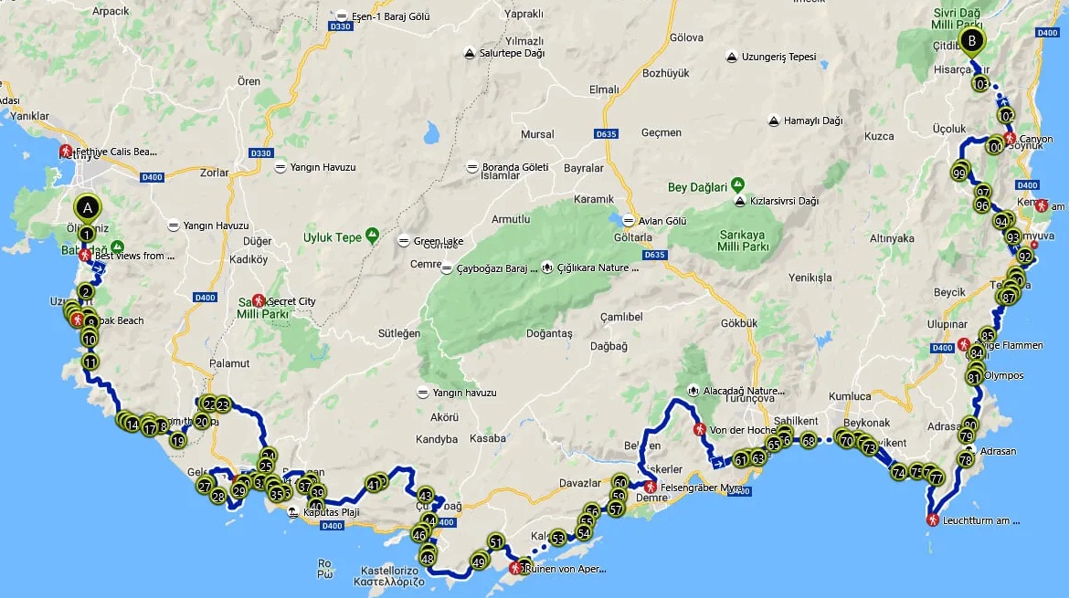 Lycian Way Map - Map of the Lycian Way